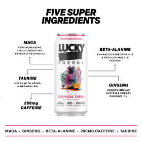 Lucky Energy Sugar Free Energy Drinks 16 fl oz Can, Tropical Thrill with Maca, Ginseng, Taurine, Beta-Alanine, 200mg Caffeine, Zero Calories