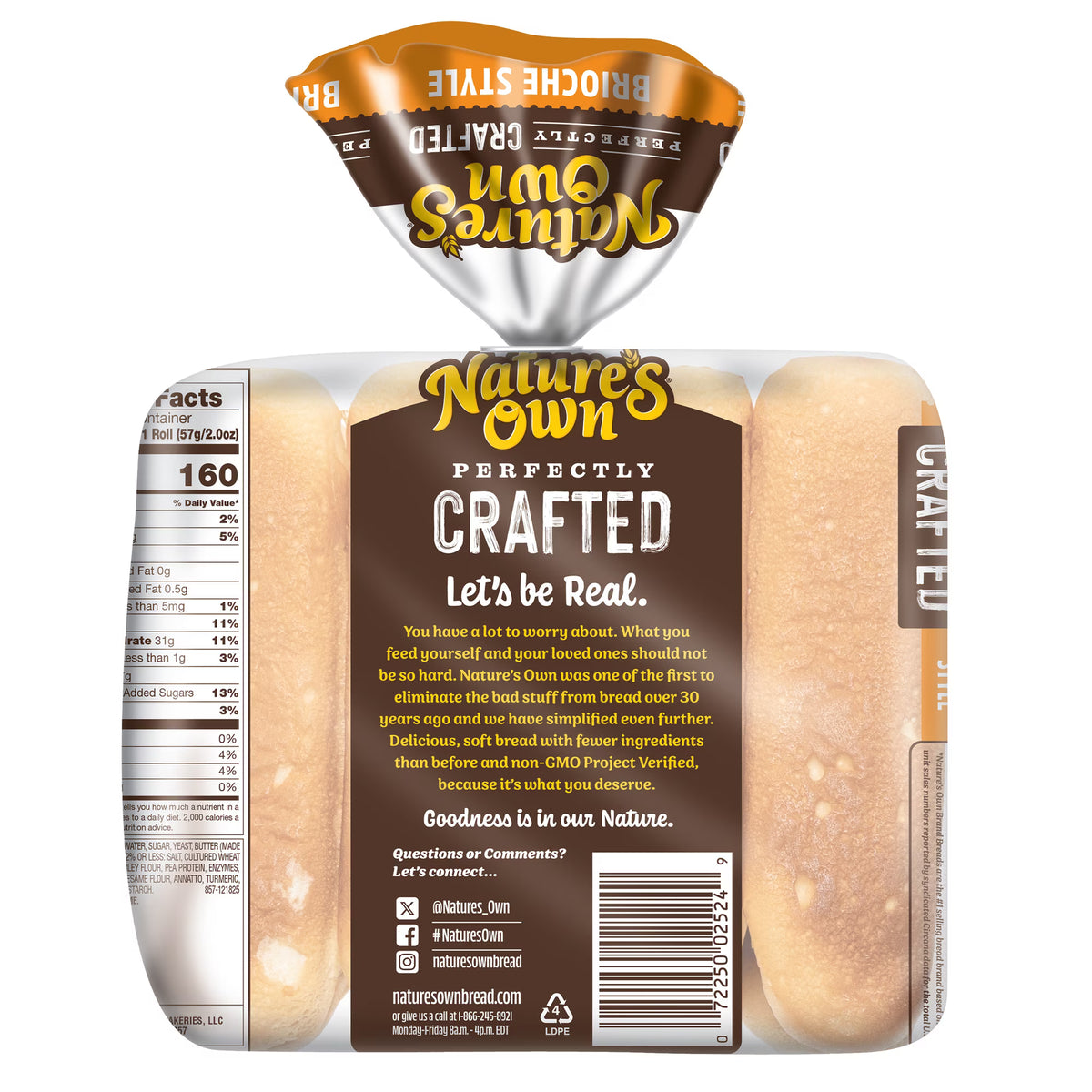 Nature's Own Perfectly Crafted Brioche Style Hot Dog Rolls, Non-GMO Hot Dog Buns, 8 Count