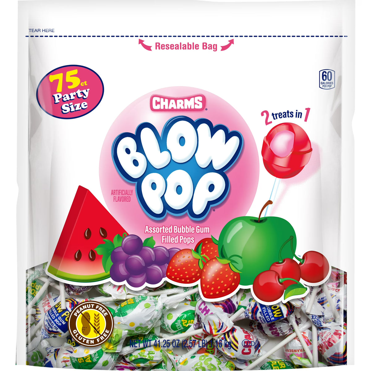 Charms Blow Pop Assorted Flavored Lollipops with Bubblegum Center, 41.25 oz, Peanut-free