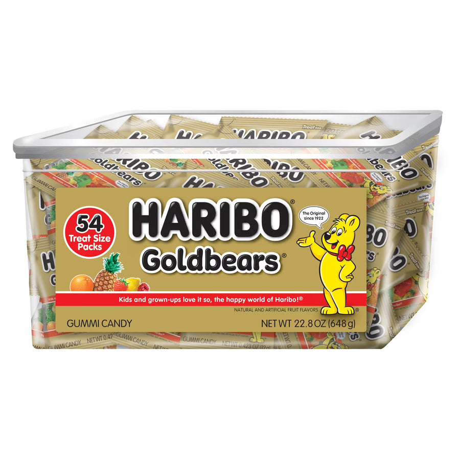 HARIBO Goldbears Gummy Bears Original Assorted Fruit Flavor Candy Gummies, Candy Tub, 22.8oz, 54ct Mini Gummy Pouches