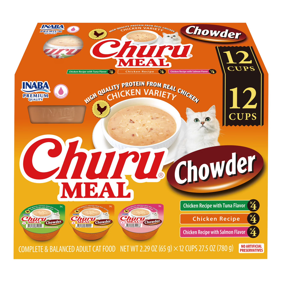 INABA Churu Meal Chowder Adult Wet Cat Food, 2.29 oz cup, 12-count, Chicken Variety Pack