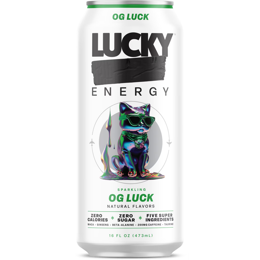 Lucky Energy Sugar Free Energy Drinks 16 fl oz Can, OG Luck with Maca, Ginseng, Taurine, Beta-Alanine, 200mg Caffeine, Zero Calories