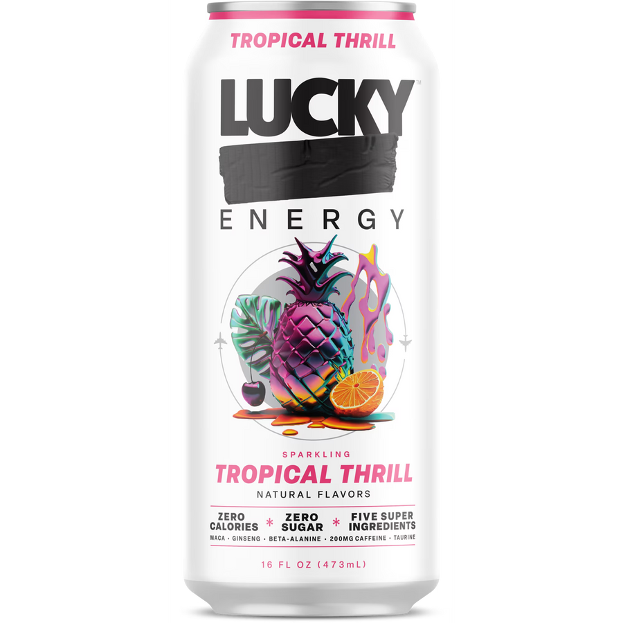 Lucky Energy Sugar Free Energy Drinks 16 fl oz Can, Tropical Thrill with Maca, Ginseng, Taurine, Beta-Alanine, 200mg Caffeine, Zero Calories