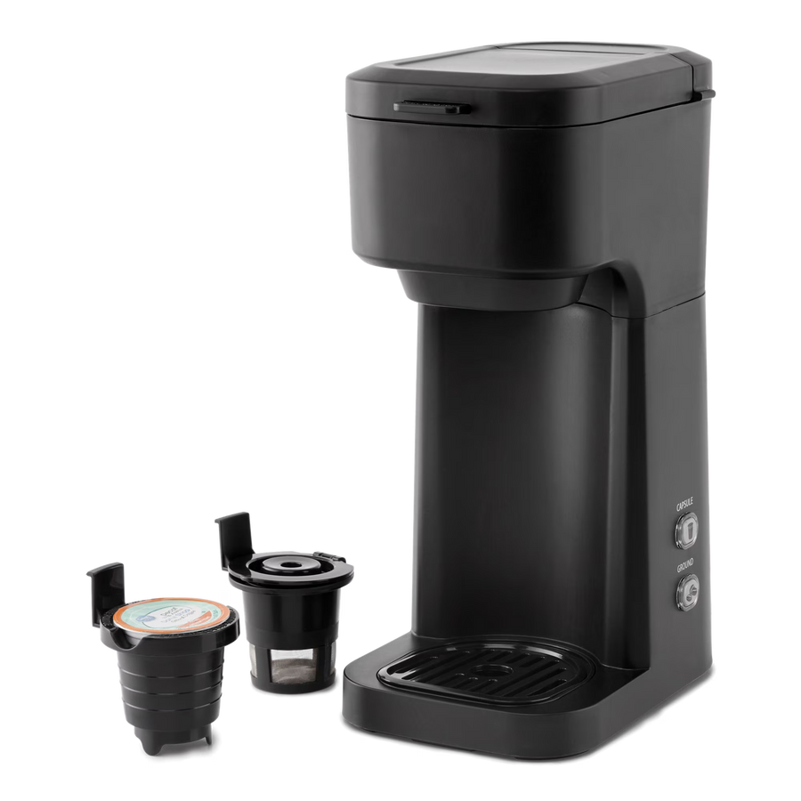 Mainstays Black Matte Dual Brew Coffee Maker, Single Serve, Auto Shutoff, 14 oz Reservoir