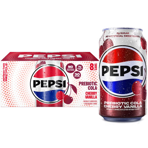 Pepsi Prebiotic Cola Soda Pop, Cherry Vanilla, 12 fl oz, 8 pack cans
