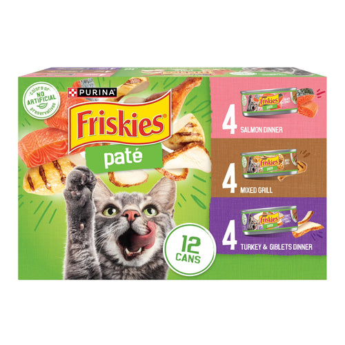 Purina Friskies Wet Cat Food Pate Variety Pack Salmon Dinner, Turkey and Giblets Dinner and Mixed Grill, 5.5 oz.