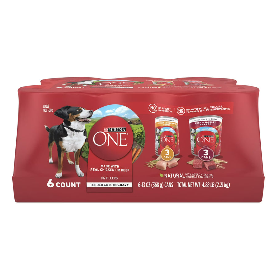 Purina ONE Tender Cuts in Gravy Chicken and Brown Rice, and Beef and Barley Entrees Wet Dog Food Variety Pack, 13 oz Cans