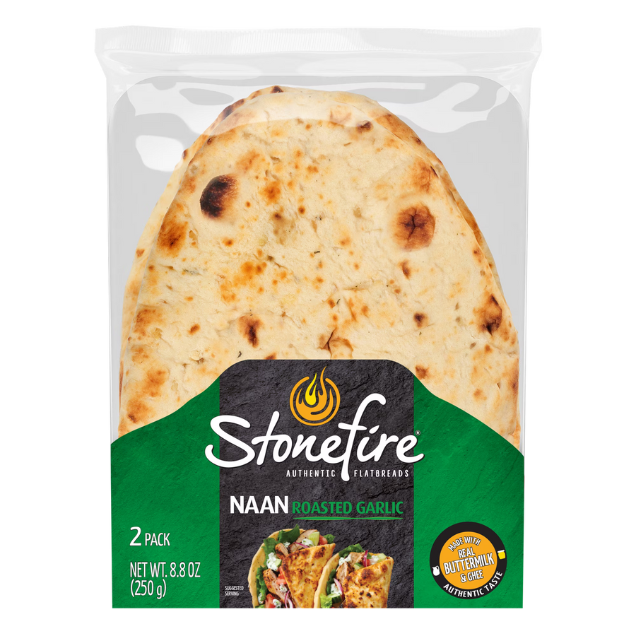 Stonefire® Roasted Garlic Naan Bread, Soft Authentic Flatbread for Dipping & Pizza, 8.8 oz, 2 Count