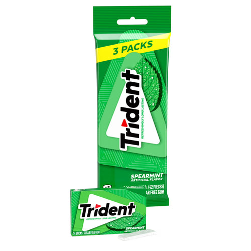 Trident Sugar Free Gum, Spearmint, 3 packs of 14 Pieces (42 Total Pieces)