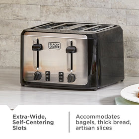 BLACK+DECKER Black/Silver 4‑Slice Toaster with Extra‑Wide Slots, 7 Adjustable Shade Settings, High‑Lift Lever & Drop‑Down Crumb Tray