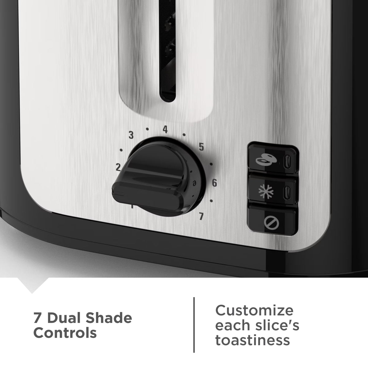 BLACK+DECKER Black Stainless Steel 2‑Slice Toaster, Extra‑Wide Slots with Bagel Mode, 7 Adjustable Shade Controls, High‑Lift Lever & Drop‑Down Crumb Tray