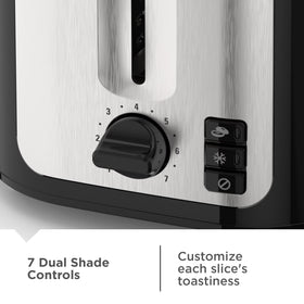 BLACK+DECKER Black Stainless Steel 2‑Slice Toaster, Extra‑Wide Slots with Bagel Mode, 7 Adjustable Shade Controls, High‑Lift Lever & Drop‑Down Crumb Tray
