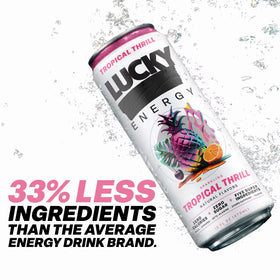Lucky Energy Sugar Free Energy Drinks 16 fl oz Can, Tropical Thrill with Maca, Ginseng, Taurine, Beta-Alanine, 200mg Caffeine, Zero Calories