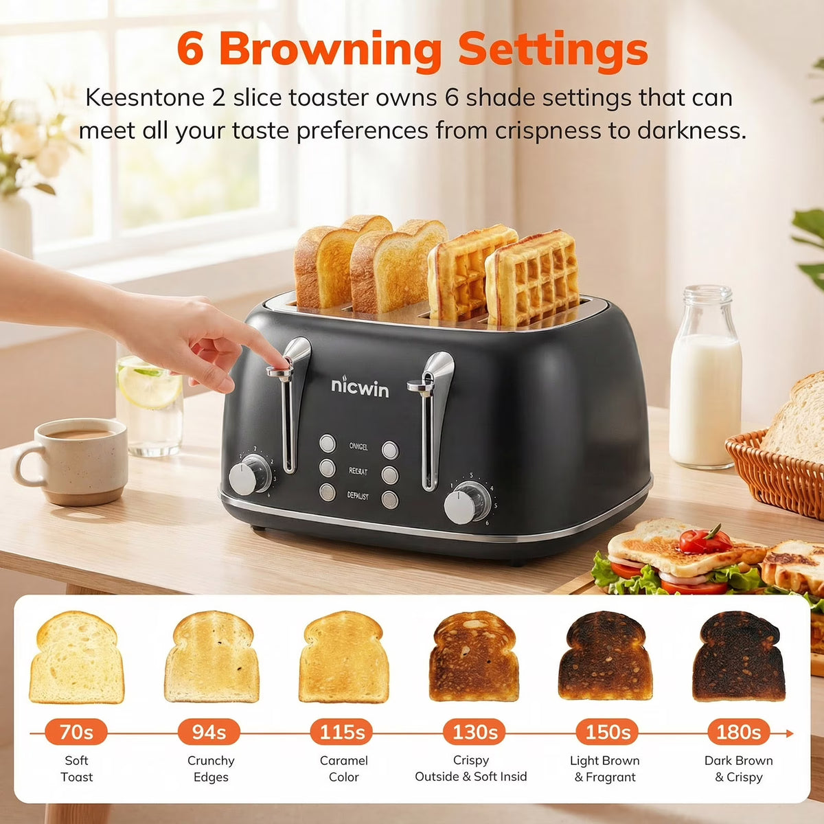 NICWIN 4 Slice Toaster, Extra Wide Slots Bread Toaster, Toast Shade Selector, Defrost & Reheat Functions for Kitchen Apartment Essentials, Black