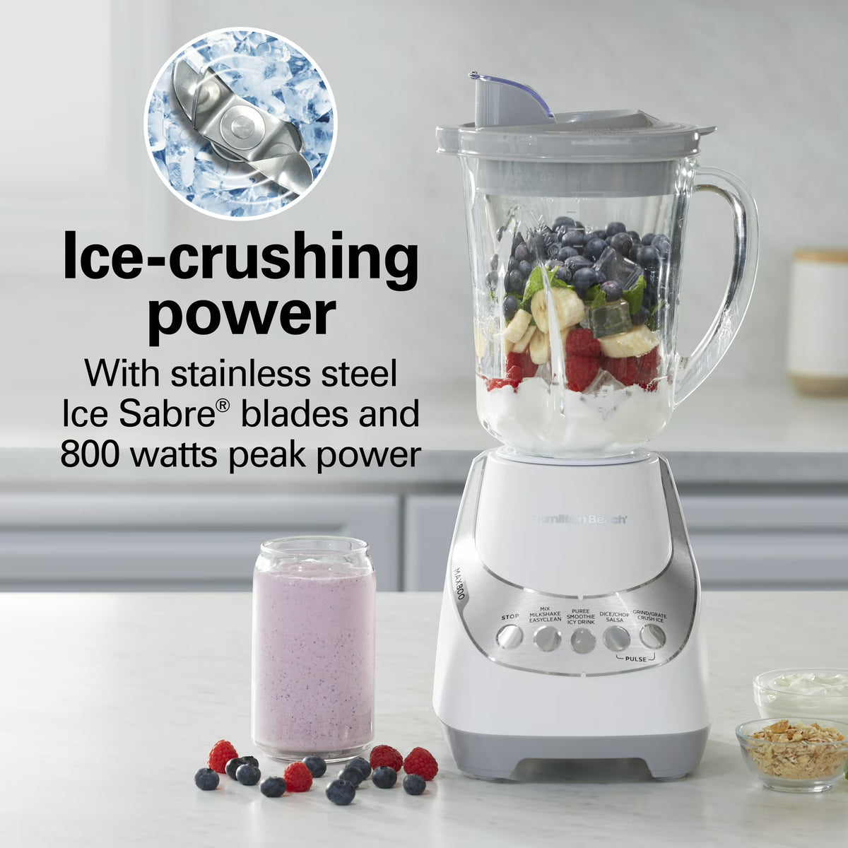 Hamilton Beach Quiet Glass Jar Blender, 48 oz. Jar, Stainless Steel Blade, High Speed, Great for Shakes and Smoothies, Ice Crusher, 12 Functions, White
