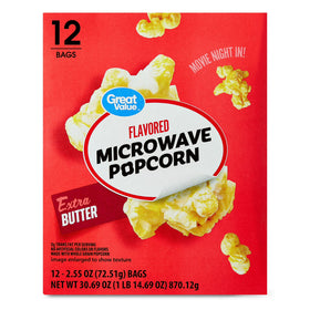 Great Value Extra Butter Flavored Microwave Popcorn, 2.55 oz, 12 Count
