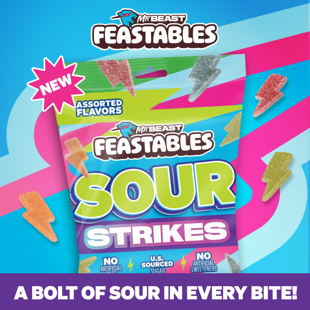 Feastables MrBeast Sour Strikes, Assorted Flavor Sour Gummy Candy, 7.5 oz Bag