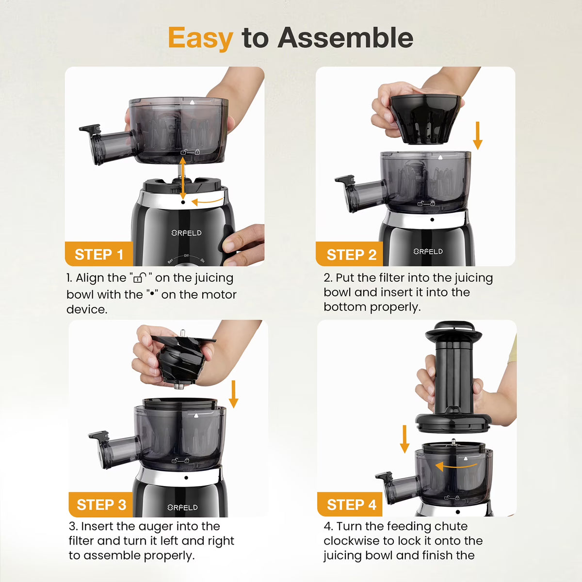 ORFELD Juicer Machine for Fruits and Vegetables, Easy Clean Masticating Cold Press Juicer Maker & Extractor