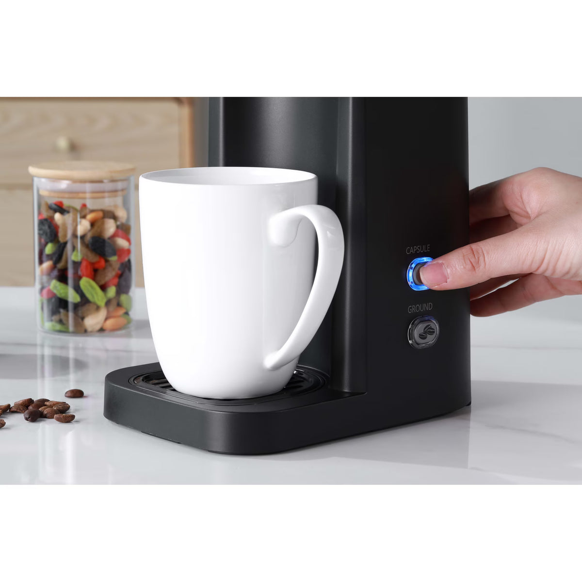 Mainstays Black Matte Dual Brew Coffee Maker, Single Serve, Auto Shutoff, 14 oz Reservoir
