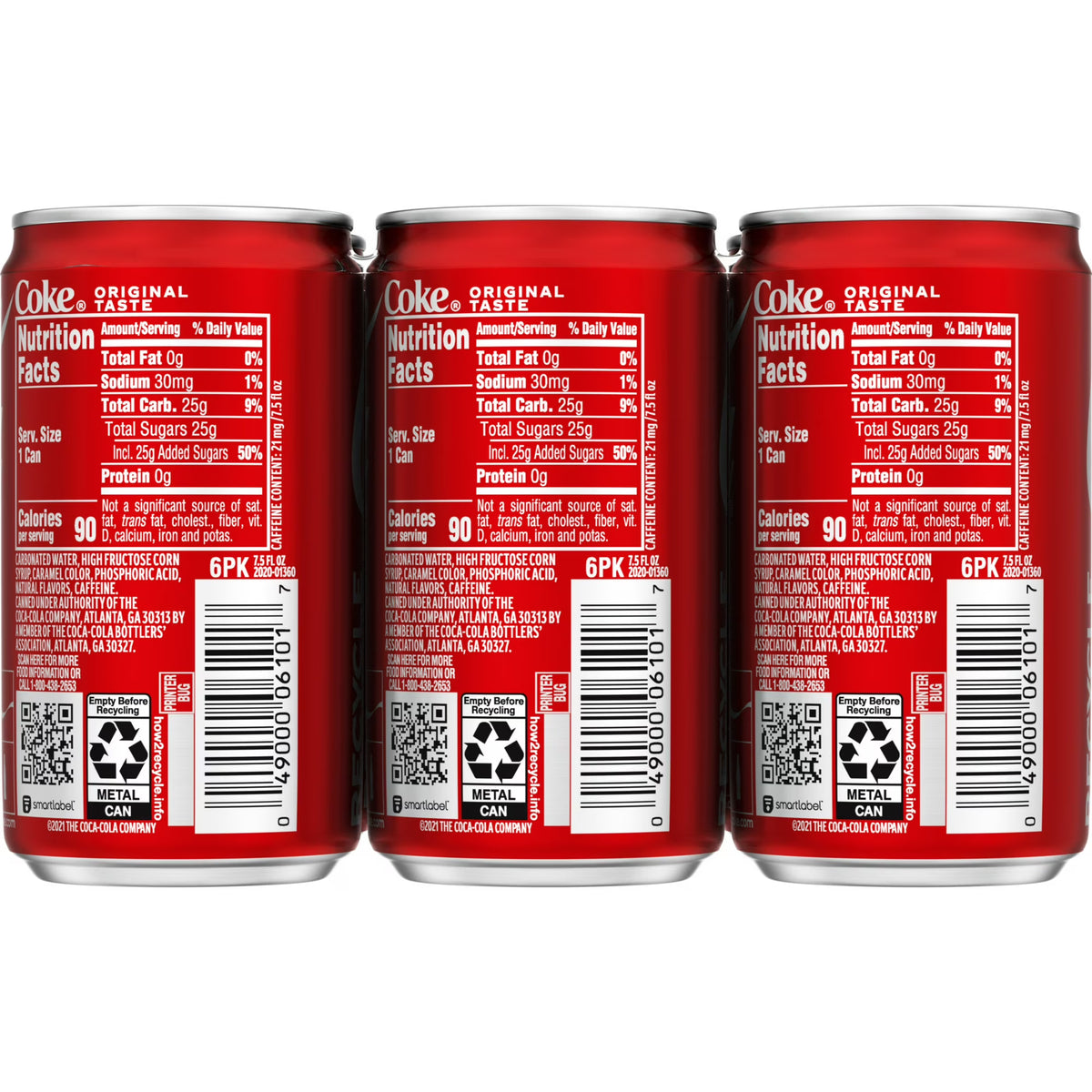 Coca-Cola Soda Pop Mini Cans, 7.5 fl oz, 6 Pack