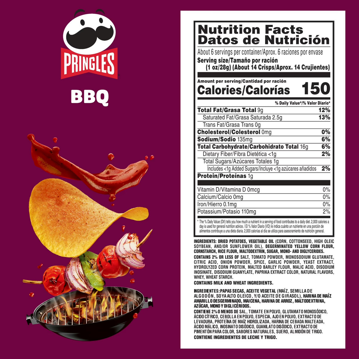 Pringles BBQ Potato Crisps Chips, Lunch Snacks, 5.5 oz Canister
