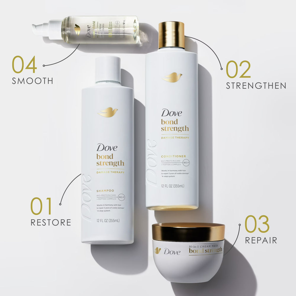 Dove Shampoo & Conditioner Set for Women Bond Strength with Peptide Complex, 12 Fl oz 2 Count Squeeze Bottles