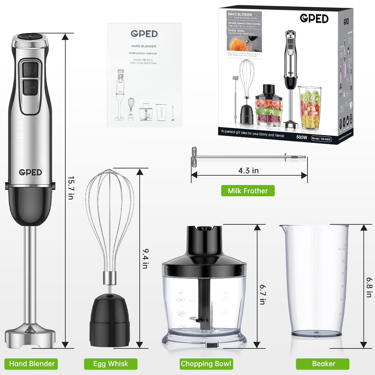 GPED Hand Blender, 5-in-1 Immersion Hand Blender,12 Speed Turbo Mode Stick Blender for Make Smoothie, Milk Shakes,Juice ,Sauces