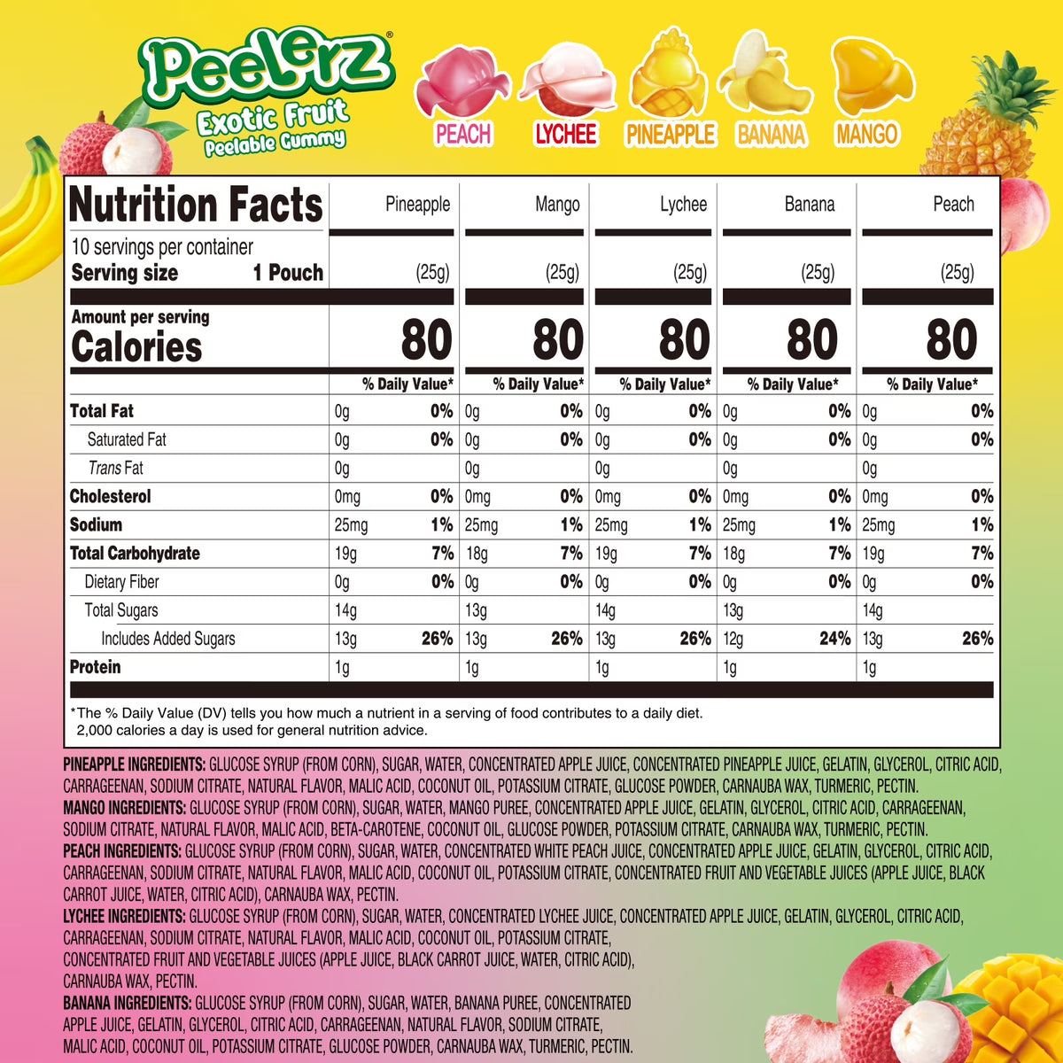 Amos Peelerz Exotic Fruit Gummy Candy, Variety Pack Candy Individually Wrapped Pack 8.47 oz
