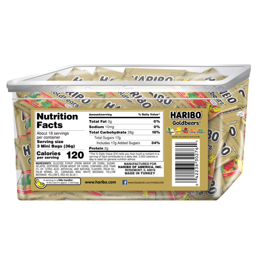 HARIBO Goldbears Gummy Bears Original Assorted Fruit Flavor Candy Gummies, Candy Tub, 22.8oz, 54ct Mini Gummy Pouches