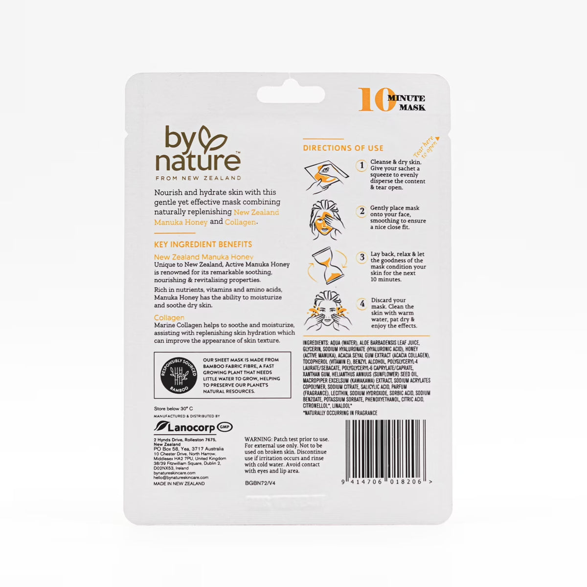 By Nature Skincare from New Zealand Manuka Honey And Collagen Sheet Face Mask to Nourish and Rejuvenate All Skin Types