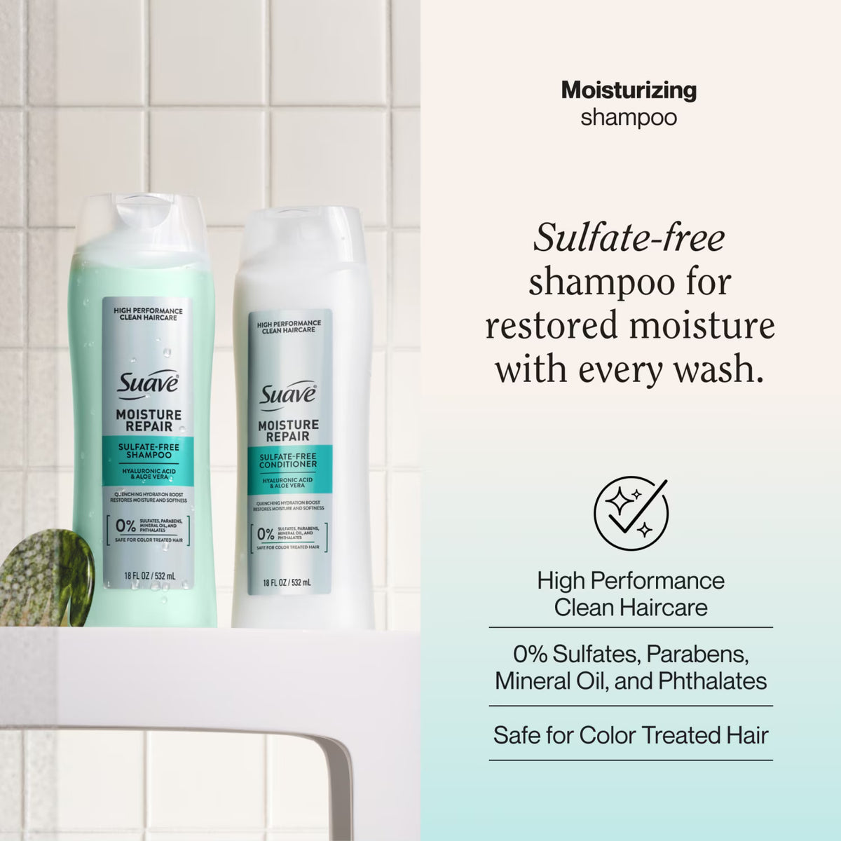 Suave Moisture Repair Sulfate-Free Shampoo with Hyaluronic Acid & Aloe Vera, 18 fl oz