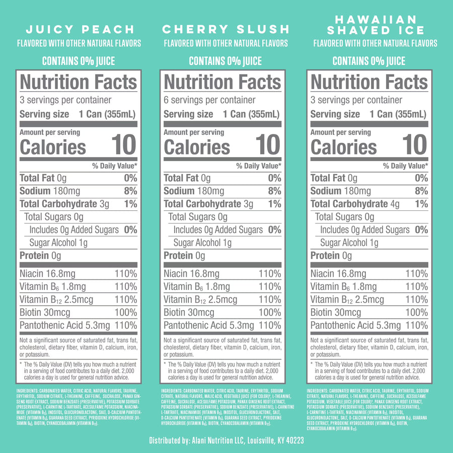 Alani Nu Sugar Free Energy Drink, Variety Pack, Cherry Slush, Juicy Peach, Hawaiian Shaved Ice, 12 fl oz, 12 Pack, Cans, 200mg Caffeine