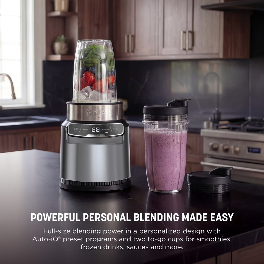 Ninja Nutri Pro Compact Personal Blender, 18-Oz and 24-Oz To-Go Cups & Spout Lids, Auto-iQ Technology, Smoothies, Crush, BN400 Stone Silver