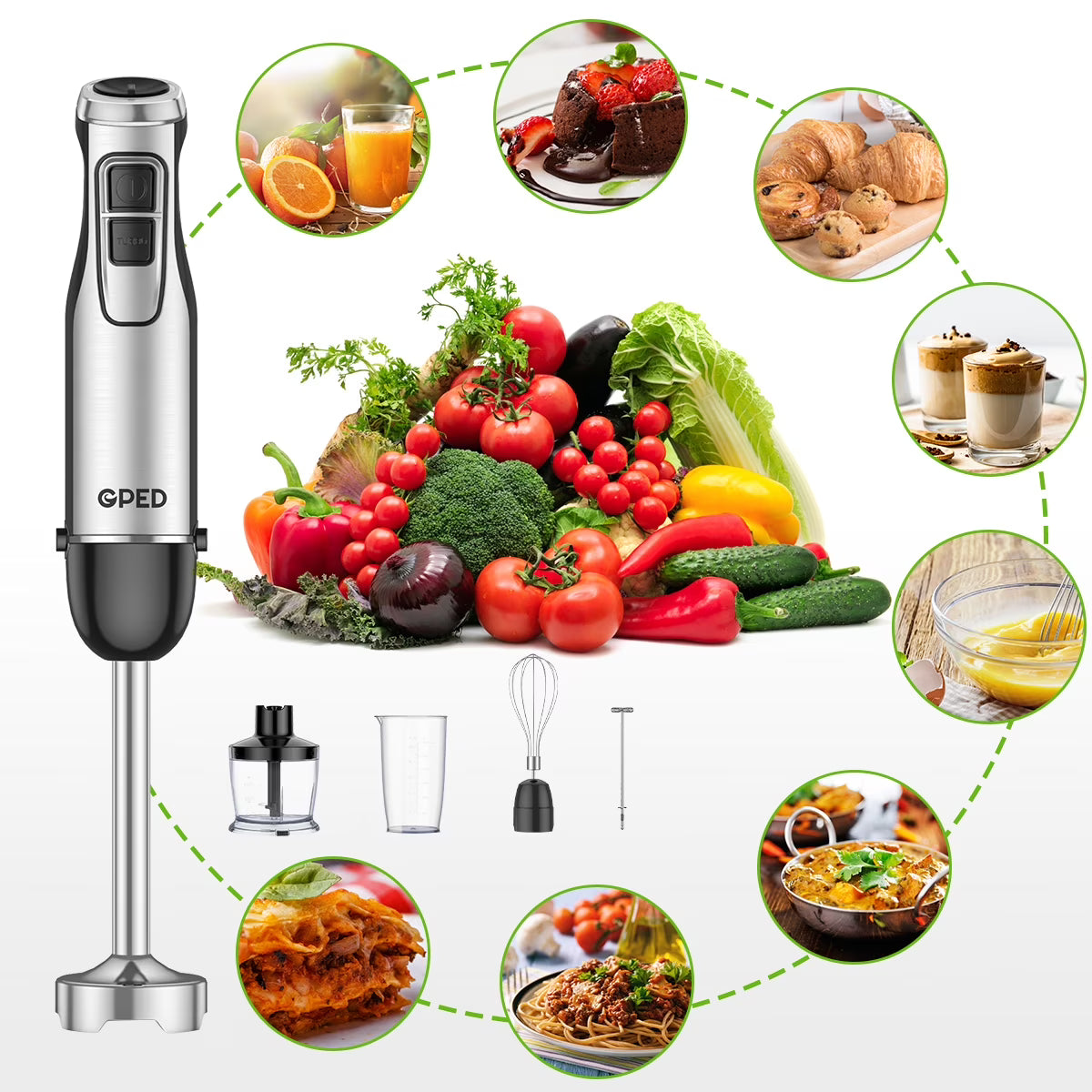 GPED Hand Blender, 5-in-1 Immersion Hand Blender,12 Speed Turbo Mode Stick Blender for Make Smoothie, Milk Shakes,Juice ,Sauces