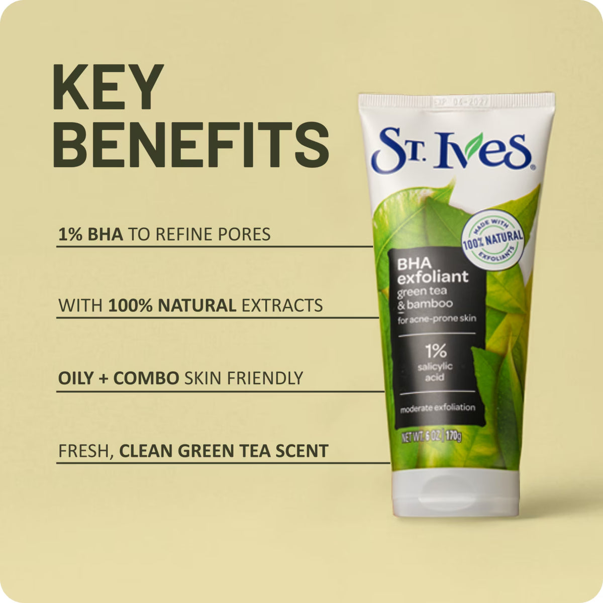 St. Ives BHA Green Tea & Bamboo Face Scrub, Moderate Exfoliating Face Wash with 1% Salicylic Acid, 6oz