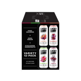 Lucky Energy Sugar Free Energy Drinks 16 oz Cans (12-pack), Variety Pack with Maca, Ginseng, Taurine, Beta-Alanine, 200mg Caffeine, Zero Calories